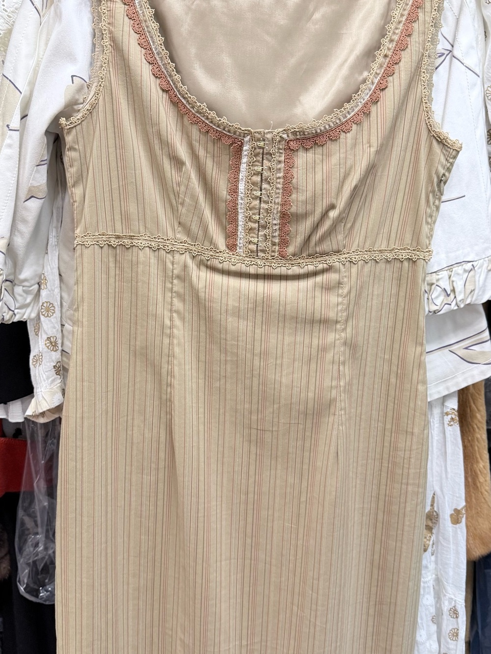 Cynthia Steffe Beige Striped  Dress with Embroidered Floral Hem Size M